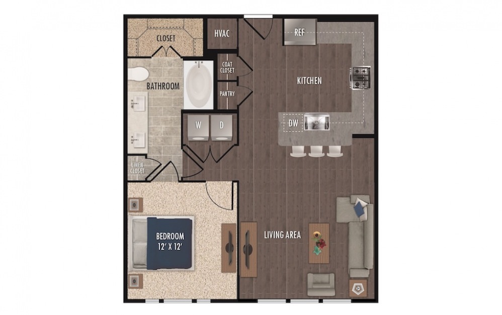 A5a - 1 bedroom floorplan layout with 1 bath and 803 square feet.