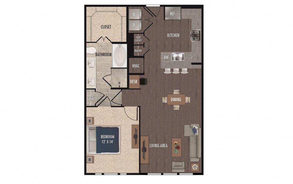 A7a - 1 bedroom floorplan layout with 1 bath and 940 square feet.