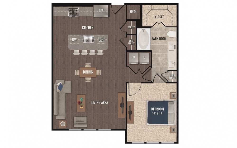 A9a - 1 bedroom floorplan layout with 1 bathroom and 903 square feet