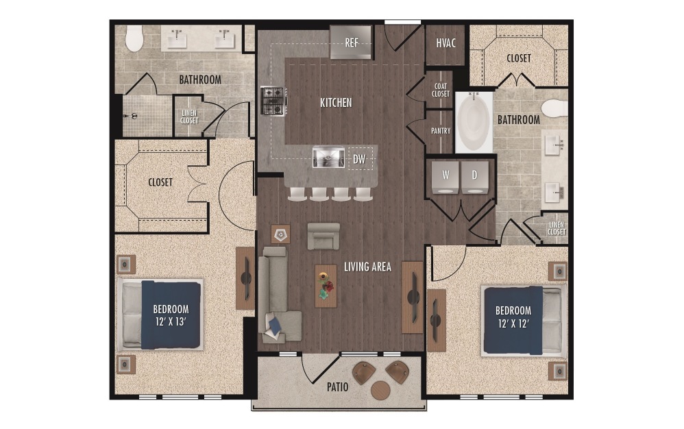 B1 - 2 bedroom floorplan layout with 2 baths and 1126 square feet.