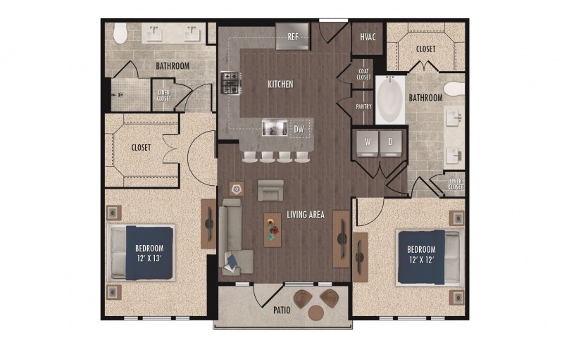 B1 - 2 bedroom floorplan layout with 2 bathrooms and 1126 square feet