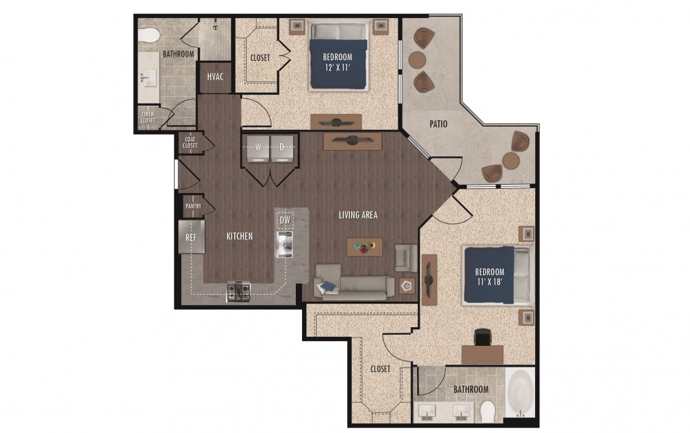 B2 - 2 bedroom floorplan layout with 2 baths and 1159 square feet.