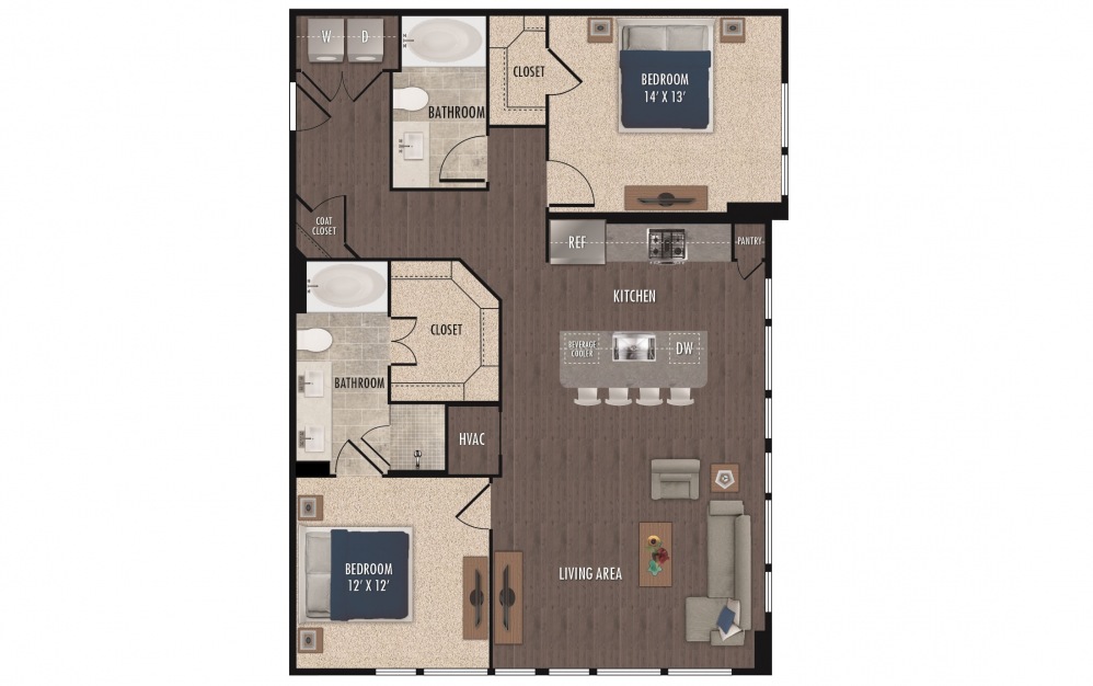 B3a - 2 bedroom floorplan layout with 2 baths and 1234 square feet.